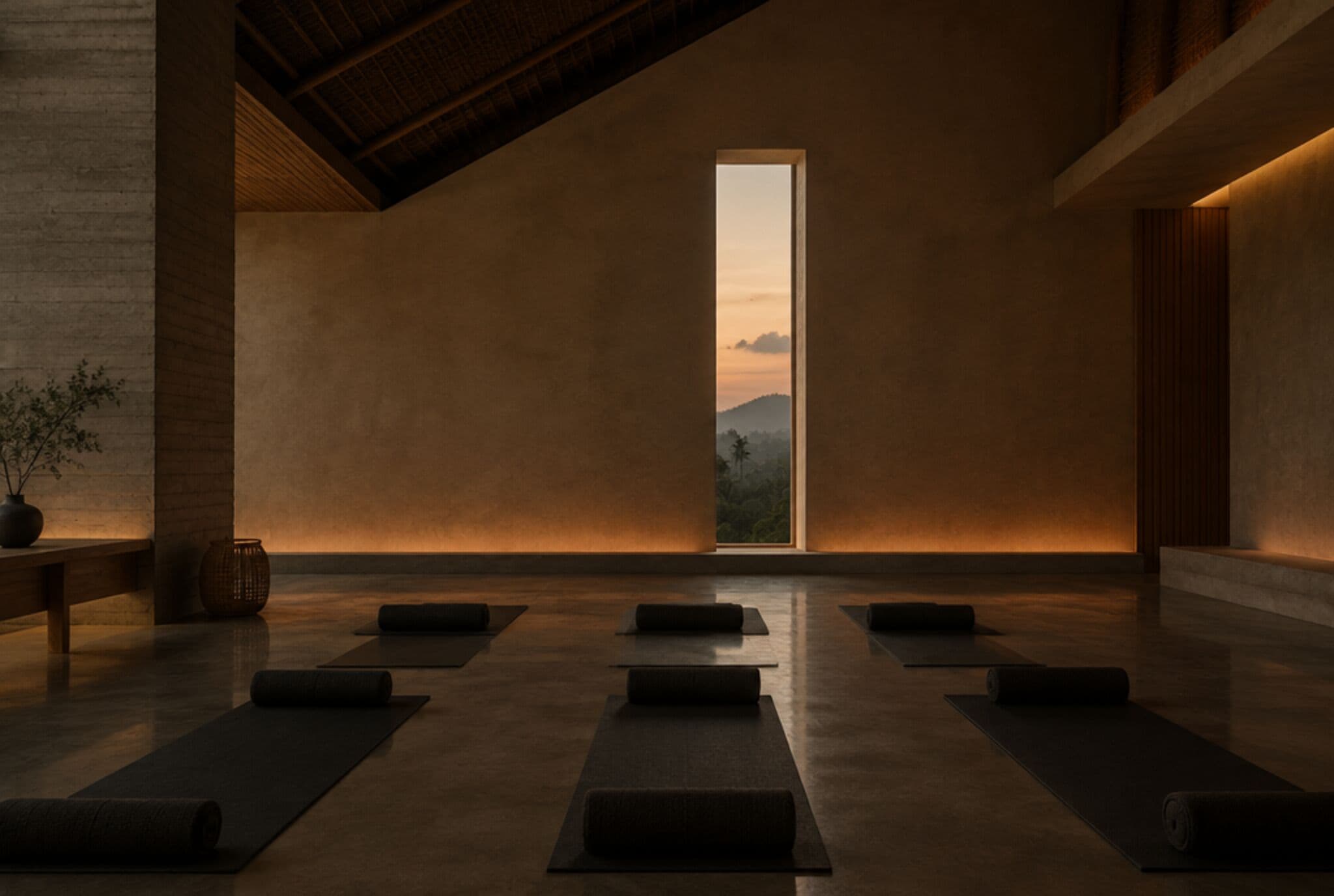 AI-generated illustration: Infrared studio at dusk with amber-lit plaster walls and rows of rolled mats
