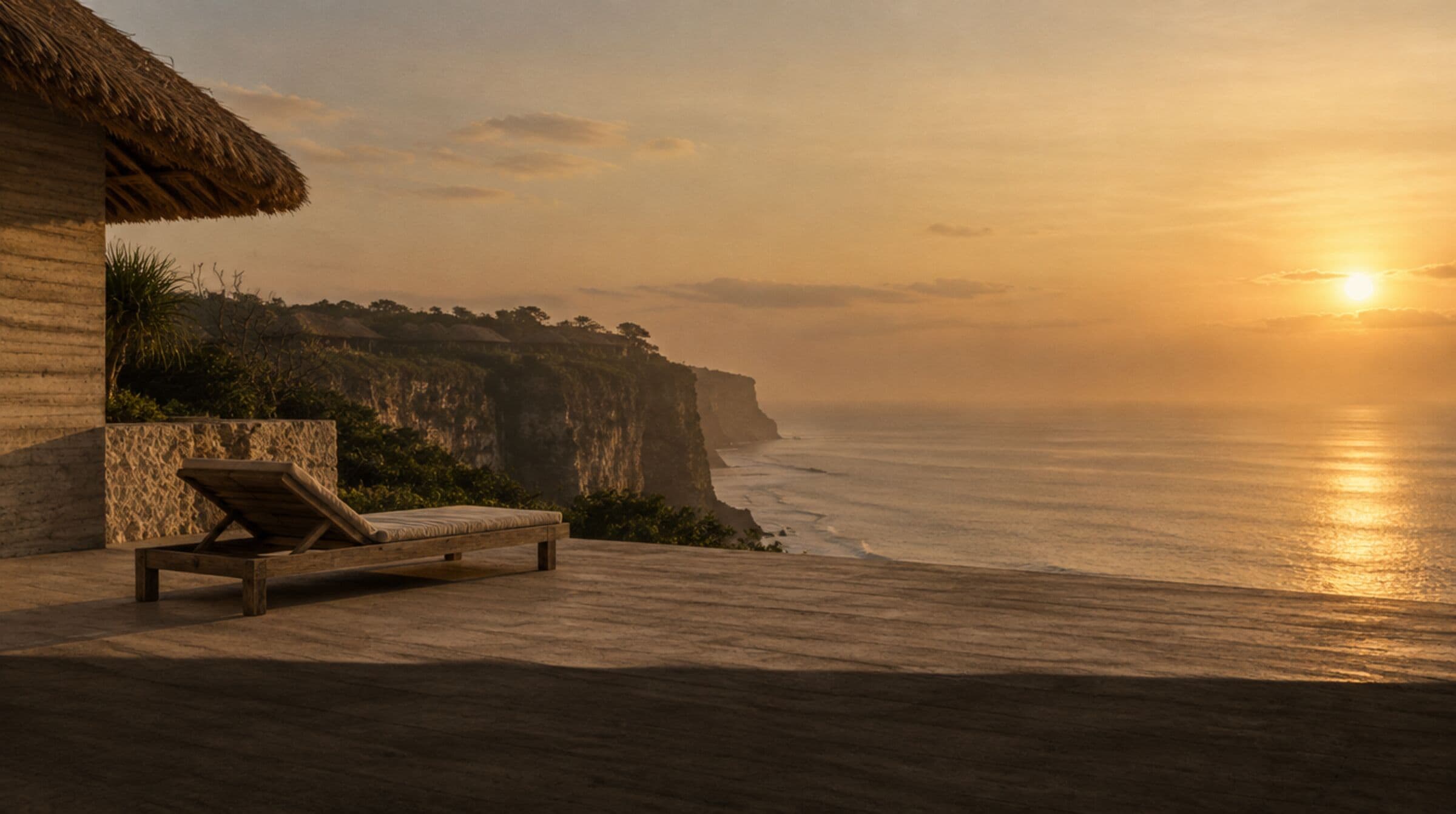 AI-generated illustration: An imagined tropical coastline at golden hour seen from a limestone terrace